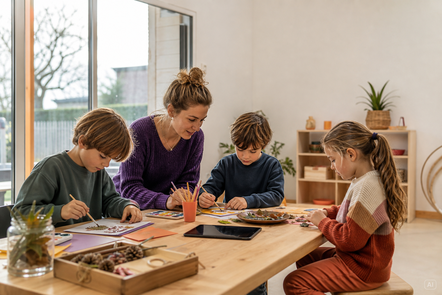 Childcare Professional Guiding Craft Activity in Dutch Room Childcare Professional Guiding Craft Activity in Dutch Room